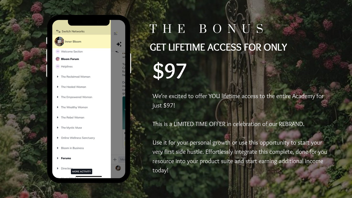 Inner Bloom Women’s Academy: Lifetime Wealth & Well-Being Access + MRR Resell Rights - One-Time Payment of Just $97!