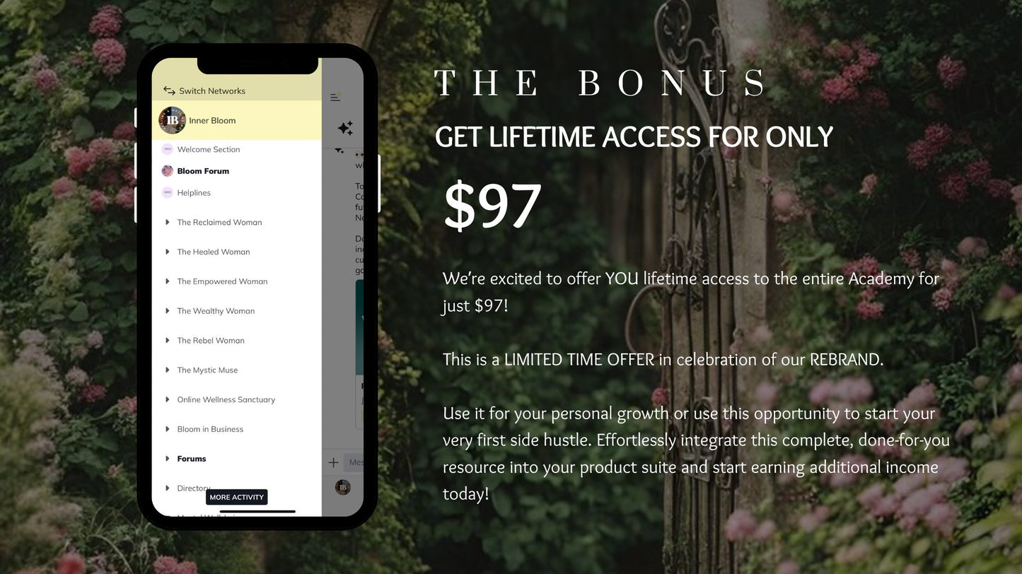 Inner Bloom Women’s Academy: Lifetime Wealth & Well-Being Access + MRR Resell Rights + 12 Days of Christmas Gifts ($10,000+ Value) - One-Time Payment of Just $97!